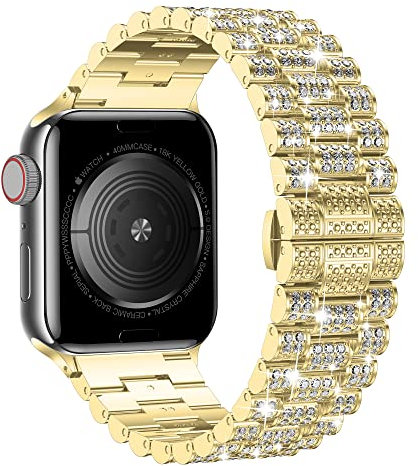 Wolait Compatible con Apple Watch Band de 38/40/41 mm, correa de metal con diamantes de imitación para mujer para iWatch SE Series 9, 8, 7, 6, 5, todas las series, color dorado