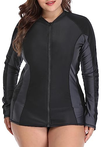 CharmLeaks Plus Size Rash Guard for Women Front Zipper Long Sleeve Beach Wear Top Black 3XL