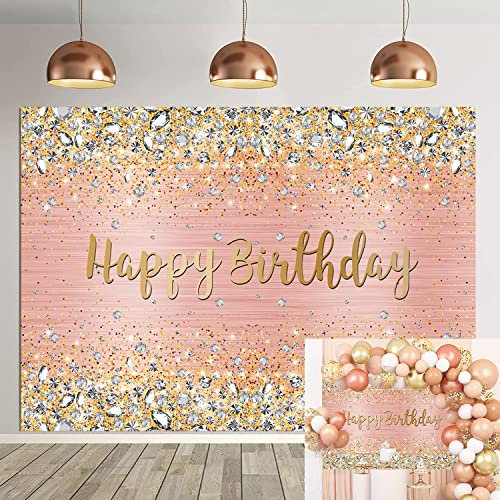 Toile de fond « Happy Birthday » – Toile de fond scintillante avec diamants bokeh brillants rose et pois dorés pour photographie pour femmes et filles – Décorations de fête – Accessoires photo (2,4 x