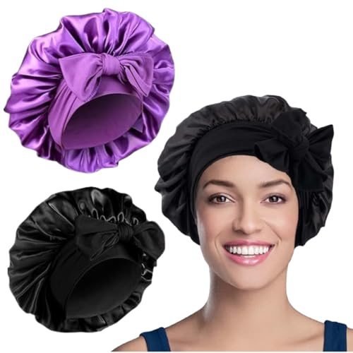 WUBAYI 2PCS Satin Bonnet, Silk Bonnet Hair Wrap for Sleeping, Hair Bonnet for Bath, Tie Band for Women Long Curly Braid Hair (Black, Purple)