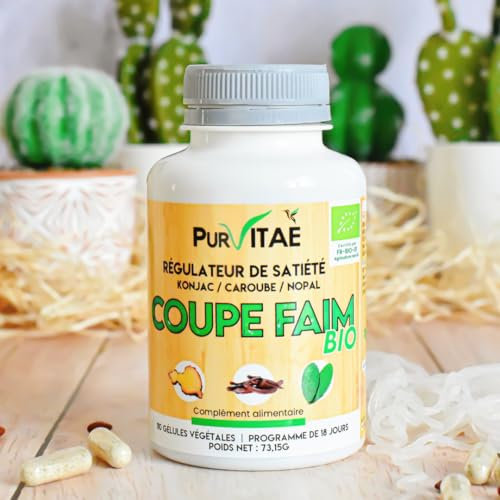 Coupe Faim Mécanique Bio Konjac, Caroube et Nopal | 270 gélules, programme de 45 jours | Réduit l'appétit | Diminue la sensation de faim | Piège les grasses et le sucre | Pur Vitaé