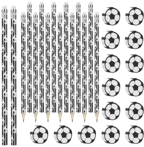 JIANTA 15 Set Fußball Bleistifte Fußball Radiergummi Set, Bleistiftanzug mit Radiergummi Kinder für Fussball Deko, Fußball Geburtstag, Fußball Party Geschenk
