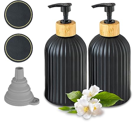 ToKinCen Seifenspender, Shampoo- und Spülungsspender, schwarzer Handseifenspender aus Glas mit Pumpe, 400 ml, Handwaschspender für Küche, Badezimmer Mit 2 Untersetzern und Trichtern