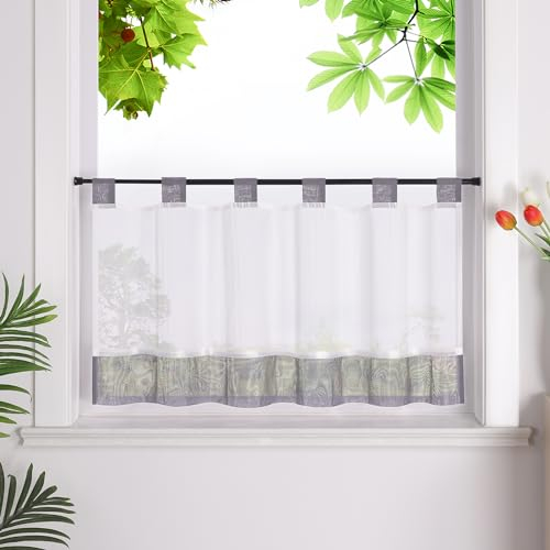 HeichkelL Scheibengardine mit Schlaufen Leinenoptik Gardine Halbtransparent Bistrogardine Landhausstil Kurzstores Grau HxB 45x120cm