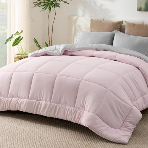 BEDSURE Couette, 200 x 200 cm, pour toutes les saisons, sans housse, 200 x 200 cm, 300 g/m², 4 saisons, réversible, rose/gris, douce et chaude, pour les personnes allergiques