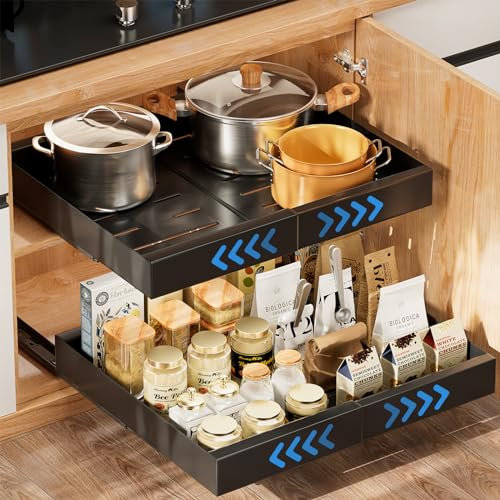 Teleskopschublade, Ausziehbare Schubladen Aufbewahrungsregale, Hochbelastbares Ausziehbares Schrank Organisator mit Nano-Klebefolie für Küche, Speisekammer, Bad, unter dem Waschbecken (Schwarz)