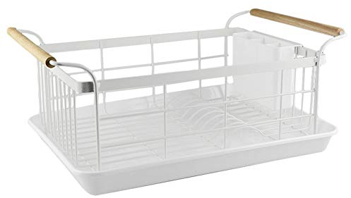 PINZHEN Estante para Platos con escurridor, Mango de Madera, Estante para secar Platos, Estante escurridor de pie, Organizador de Cocina para encimera, Blanco, 48x33x20cm