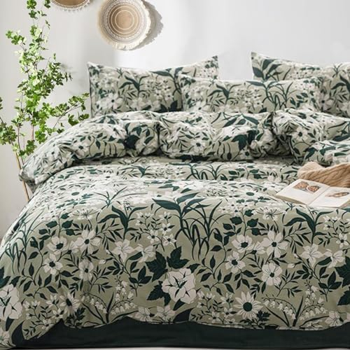 Freyamy Blumen Bettwäsche 155x220cm 2teilig Baumwolle Weiß Grün Floral Blätter Pflanzen Wende Bettwäsche Blumenmuster Mädchen Bettbezug mit Reißverschluss und Kissenbezug 80x80cm