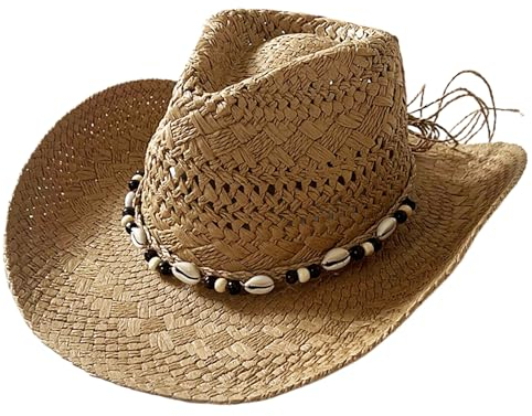 Hperu Sombreros de Paja para Hombres, Sombrero de Vaquero de Paja protección Solar de ala Ancha de Vaquero de Paja.