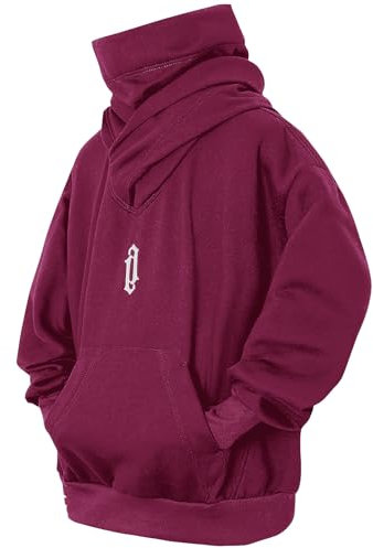Eocicvvi Felpa Uomo con Cappuccio Collo Alto Pullover Hip Hop Stile Comoda Felpe Pile Hoodies Autunno Invernale Moda(Rosso,XL)