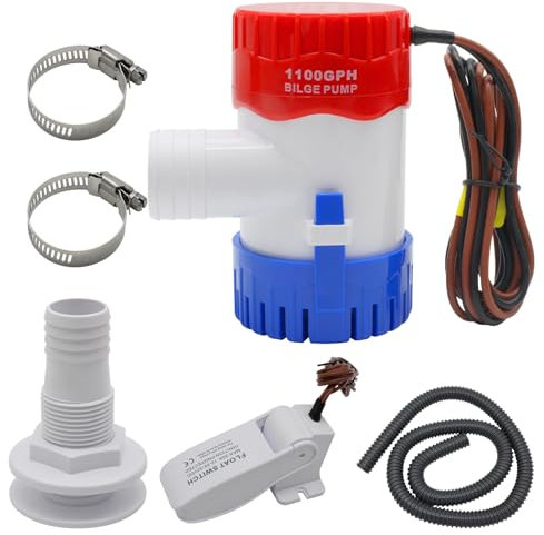 YQMIGU Island Otter Beach 1100 GPH Bilge Pump 12V,Small Size, With Float Switch,1-1/8 Inch Bilge Pump Hose 6FT, 2PCS Stainless Steel Hose Clamps And Thru Hull Fitting, Suitable For Most Floating Boats