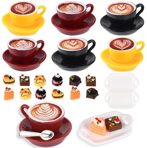 Puppenhaus Zubehör, 26 Stück Miniatur Essen und Trinken, 1/12 Miniatur Lebensmittel Puppenhaus Zubehör, Miniatur Zubehör Harz Lebensmittel Spielzeug Set mit Kaffee Backen Kuchen