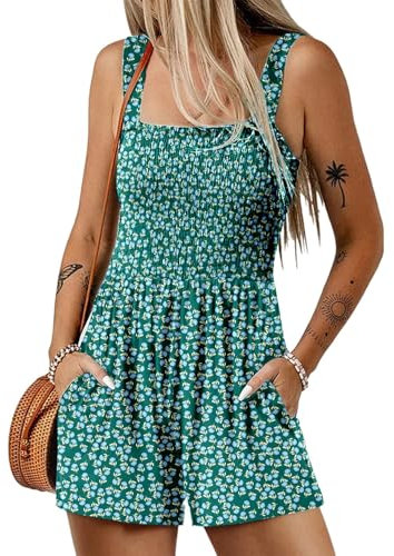 QUNERY Jumpsuit Donna Estiva Salopette Corta Pantaloni Tuta Gamba Allentata Con Tasche Boemia Casual Senza Maniche Salopette con Tasca Verde Scuro S