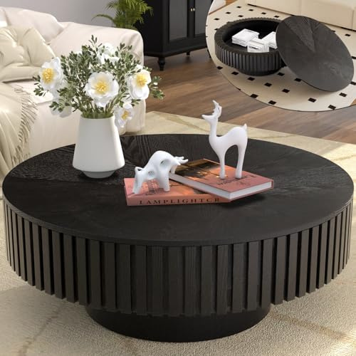 Wxnnx Round Coffee Table with Storage, Modern Handcraft Fluted Drum Coffee Table Wood Circle Center Table with Sturdy Pedestal for Living Room Apartment (Black)