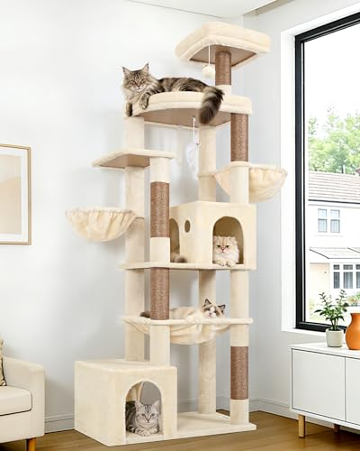 Globlazer S76B Cat Tree Tower 193cm with 2 Caves Hammock for 2-4 Heavy Cats | Sturdy Cat Tree with Hammock 50*40cm Platform Large Lounging Area, Easy to Assemble Cat Tower for Large Cats Senior Kitten