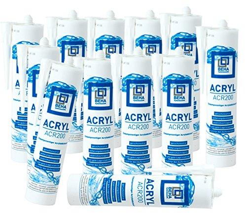 BEHA Maler Acryl 12 x 310ml für den Innen und Außenbereich, Fugendicht, Dichtstoff, Farbe: weiß