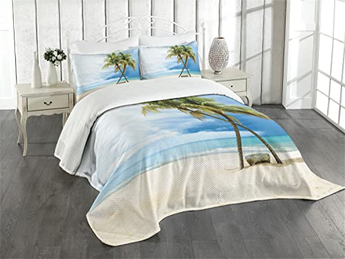 ABAKUHAUS hawaiisch Tagesdecke Set, Strand-Palmen-Felsen, Set mit Kissenbezügen Klare Farben, für Doppelbetten 220 x 220 cm, Grün Blau