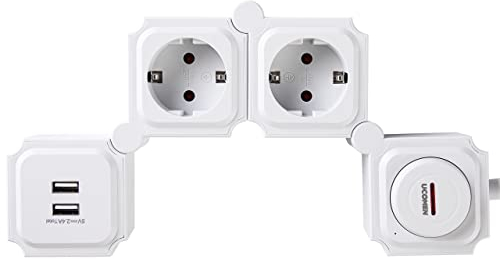 UCOMEN Steckdosenleiste Überspannungsschutz Mehrfachsteckdose mit USB-Ladefunktion,2 Fach Steckdosenadapter,180 Grad Drehen Steckdosenverteiler für Reise mit Schalter, zu Hause 3680W 16A,Weiß