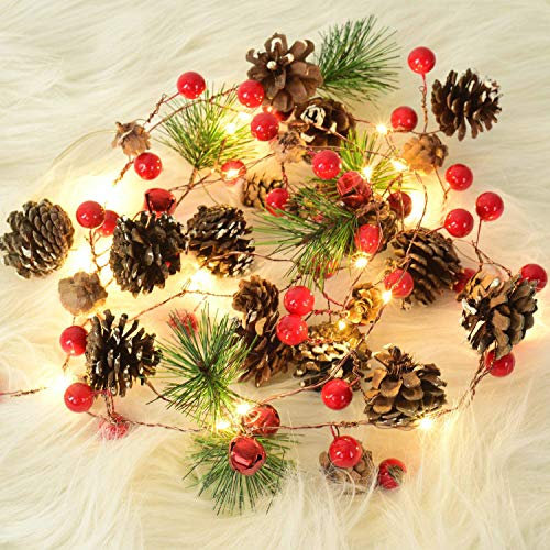 Xndryan Weihnachtsgirlande mit Lichtern, 2M 20 LEDs Weihnachten Tannenzapfen Lichterkette Beeren Girlande mit Lichtern Weihnachtsdekorationen Innen Außen, Tür Kamin Xmas Künstliche Girlande