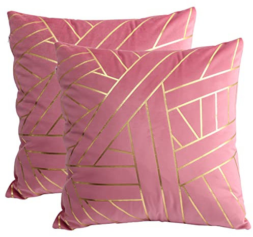 Idocolors Set di 2 Fodere per Cuscini in Velluto Rosa 45x45 cm Decorativi Copricuscini per la Casa, Federa per Cuscino a Righe Dorate per Divano, Camera da Letto, Auto