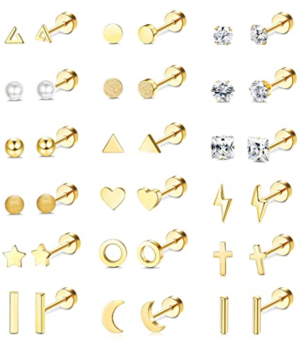 CASSIECA 18 Paar Chirurgische Edelstahl Ohrstecker Für Frauen Männer Knorpelohrringe Ohrstecker Kreuz Mond Stern Zirkon Kleine Ohrstecker Schraube Flache Rückseite Ohrringe Gold