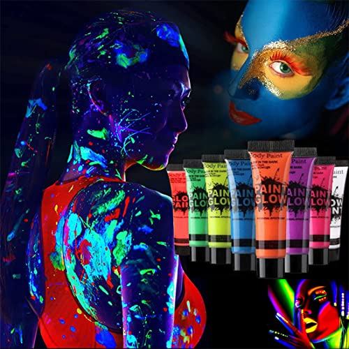 Bodypainting Farben 8 UV Neonfarben Fluoreszierende Körperfarbe Körperbemalung Kinder Gesichtsfarbe Erwachsene Schminkfarben Ungiftig Körpermalfarben Gesicht Body Paint Set Halloween Karneval Party