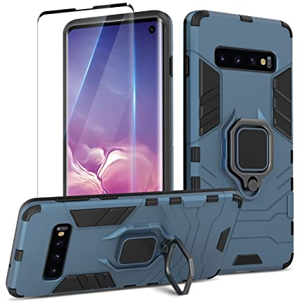 Btstring Coque pour Samsung Galaxy S10 4G avec Verre Trempé, Etui de Protection Antichoc de Qualité Militaire, Housse avec Anneau Support Métallique, Support de Voiture Magnétique Case, Bleu