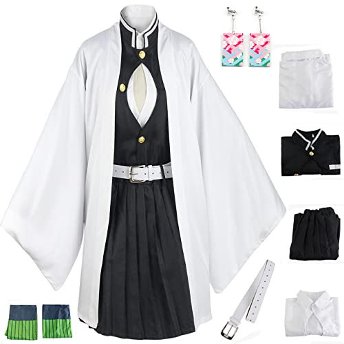 YEAJION Kanroji Mitsuri Kostüm Erwachsene Kinder Verkleidung Demon Slayer Anime Uniform und Socken Ohrringe 7 Stück Anzug für Cosplay Halloween Karneval Geburtstag Party Costume mit Perücken