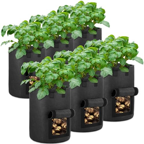 OPPOLIFE 6-Pack 10 Gallon Potato Grow Bags with Flap Window, Heavy Duty Aeration Fabric Pots with Handles for Garden and Planting(Black)