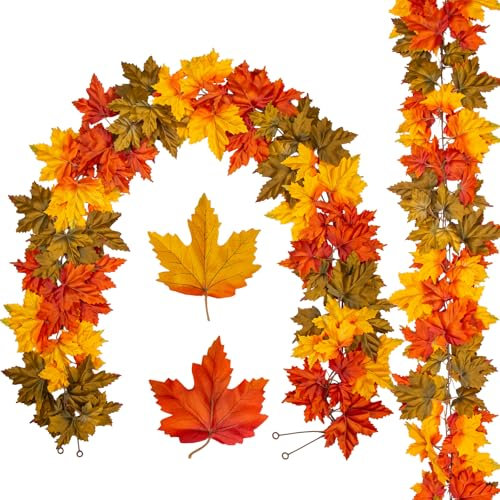 Oairse 2er-Set Künstliche Herbstgirlande Ahornblatt Herbstlaub Thanksgiving Heimdekoration Indoor Outdoor Dekoration für Hausgarten Hochzeit Kamin Party, Erntedankfest, Autumn Decor, Gelb, 182cm