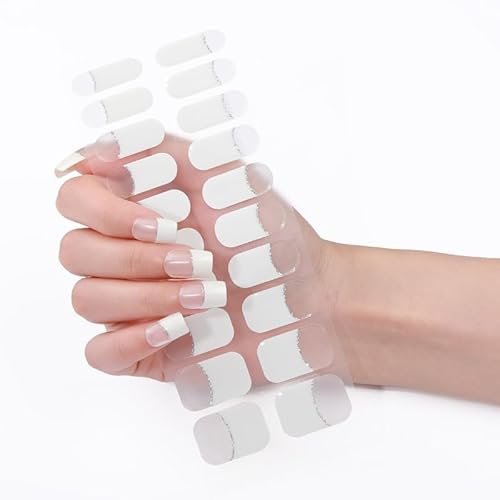 Semi Cured Gel Nail Strips, UV Gel Nail Foil White French Self-Adhesive Stickers, Adhesive Full Wrap Gel Art Sticker, UV/LED Lamp Required, One Size