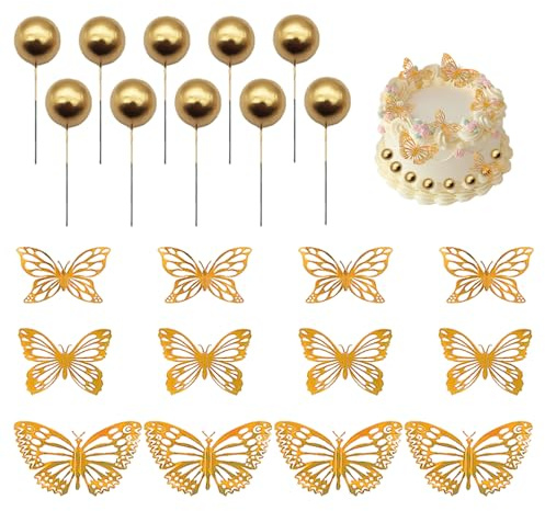 12 Pieces Cake Butterfly Decorations, 10 Pieces Gold Ball Inserts, Cupcake Decorations, Hollow Butterfly Decoration Cake, Party Decoration Accessories