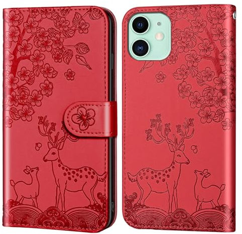 Nbziyoo Phone Case for iPhone 12, Embossed Deer Floral Animal Flip Wallet Case with Card Slots, Premium Magnetic Protective PU Leather Cover Case for iPhone 12 Pro.Red