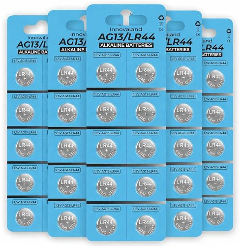 Innovaland LR44 Knopfzellen – 6,67 mAh HG Notfall-Knopfzellen-Set – 1,5 V Alkaline AG13, A76 Uhrenbatterien – Langlebige Batterien für Uhren und Spielzeug – 50er-Packung
