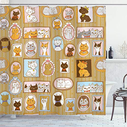 ABAKUHAUS Katze Duschvorhang, Stammbaum der Kitty Humor, Stoffliches Gewebe Badezimmerdekorationsset mit Haken, 175 x 180 cm, Orange Braun
