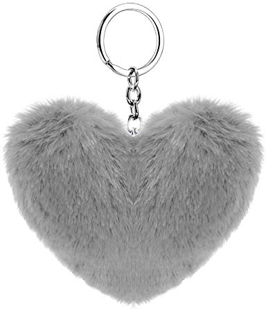 Soleebee Künstliche Kaninchenfell Keychain Flauschigen Liebesherz Pom Pom Schlüsselanhänger Taschen Koffer Rucksäcke Zubehör Charm Auto Schlüsselanhänger Schlüsselring für Frauen Mädchen (Grau)