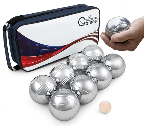 Idle Banter Boules Game Set - Flag Themed Carrying Case with 8 Premium 73 mm Petanque Balls, Fun & Portable Outdoor Lawn Game for All Ages, Classic French Sport for Skill & Strategy