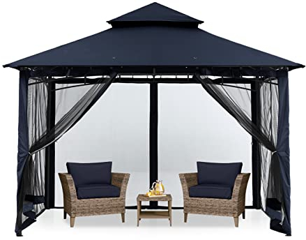 MASTERCANOPY 2,7 x 2,7 m Doppeldach Gartenpavillon mit 4 Moskitonetz für Garten, Hof, Marineblau