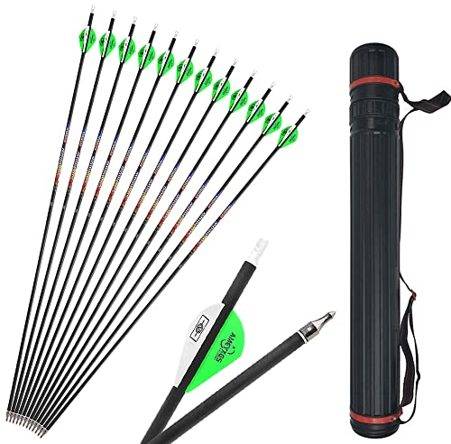 SHARROW Bogenschießen Carbonpfeile 31 Zoll Carbon Pfeile Spine 250-600 Bogenpfeile Jagdpfeile für Compound und Recurve Bogen (Spine 400, 12 Stück mit Köcher)