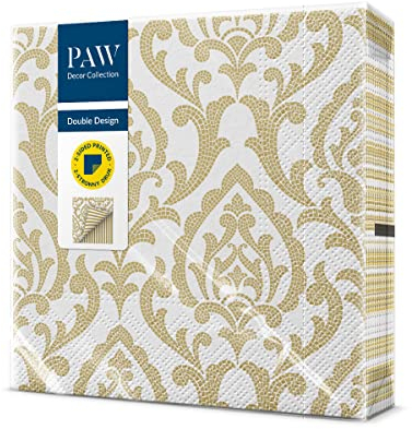 PAW - Servietten 3-lagig (33 x 33 cm), 20 Stück, Perfekt für Geburtstage, Partys, Hochzeiten, Kommunion und Feiern, Papierservietten Beidseitig Bedruckt, Mosaik, Gold, Weiß, Portuguese Tiles