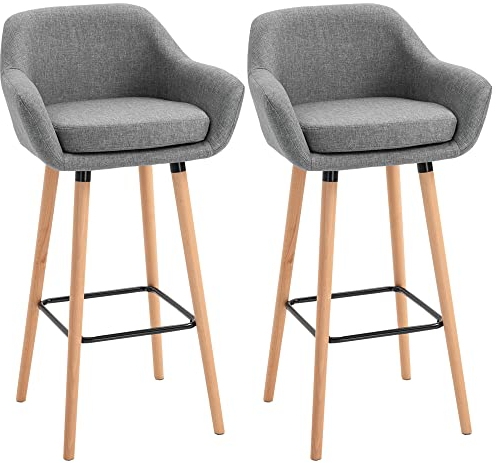 HOMCOM Barhocker 2er Set, Barstuhl mit Sitzkissen, Holzbeine, Rückenlehne und Armlehnen, Küchenstühle mit Fußstütze aus Holz, Tresenhocker für Küche, Wohnzimmer, Esszimmer, Leinenoptik, Grau