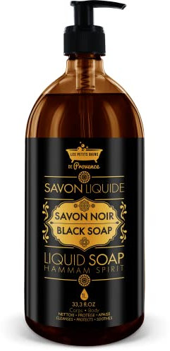 Savon Liquide Savon Noir 1L - Les Petits Bains de Provence - Nettoie, protège & apaise - exfoliants- élimine les cellules mortes