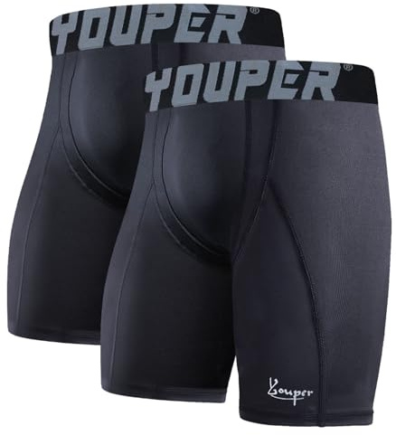 Youper 2-Pack Adult Compression Shorts w/Cup Pocket, Men's Athletic Supporter for Baseball & Football (Medium, Black)