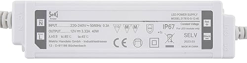 SeKi 12V DC 40W 3,33A Konstantspannungs LED Treiber; IP67 wassergeschützt Trafo, Netzteil, Transformator, Schaltnetzteil; keine Mindestlast, kein Rauschen/LED-Flimmern, MM Zulassung