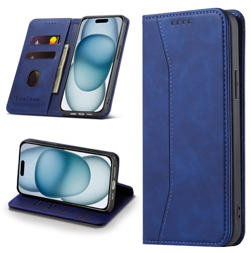 Leaisan Handyhülle für iPhone 15 Hülle Premium Leder Flip Klappbare Stoßfeste Magnetische [Standfunktion] [Kartenfächern] Schutzhülle für iPhone 15 5G (6,1 Zoll) Tasche - Blau