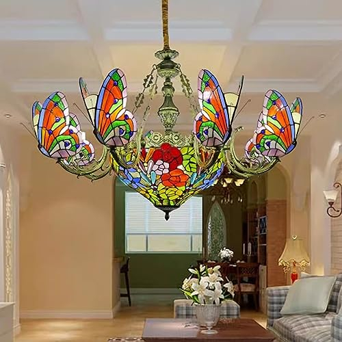 AIBOTY Tiffany Stil Buntglas Schmetterling Kronleuchter Pendelleuchte Dekorative Hängelampe Pendelleuchte Verstellbare Deckenleuchte Mit 8 Schmetterlingslichtern Für Wohnzimmer,D
