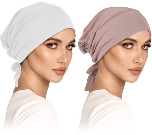 2er Turban Damen Frauen Undercap Hijab Cap Unterschal Mütze Islamische Muslimische mit Tie Back Solid Color Hijab Mütze Kopfbedeckung Kopftuch (Weiß, Helles Khaki)