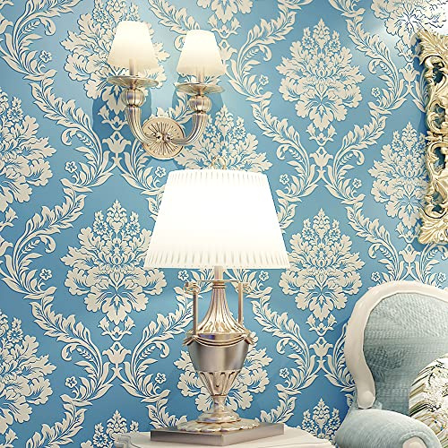 HimYKEA European Retro 3D Flower Damask Wallpaper for Bedroom Living Room Background Home Decoration Non-Pasted Wall Paper Roll Sky Blue Colour 1.73' W x 32.8' L