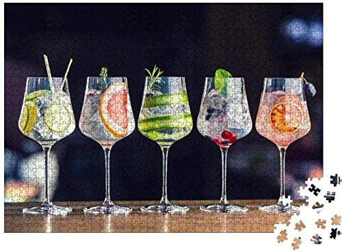 ALKOY Jigsaw Puzzles for Adults 1000 Piece - Five Colorful Gin and Tonic Cocktails in Wine Glasses on The Puppy s Counter - Kids Puzzles Toys