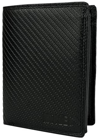 MOKIES Leder Geldbörse Herren - extra stabile Doppelnaht - Hochformat mit 9 Fächer - RFID - Portmonee für Männer - Brieftasche Geldbeutel Wallet (G306 Carbon Schwarz)